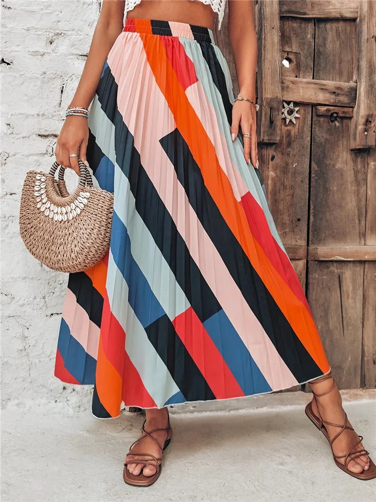 

Color Block Long Pleated Skirt Women Autumn Elastic High Waist A-line Skirt Streetwear 2023