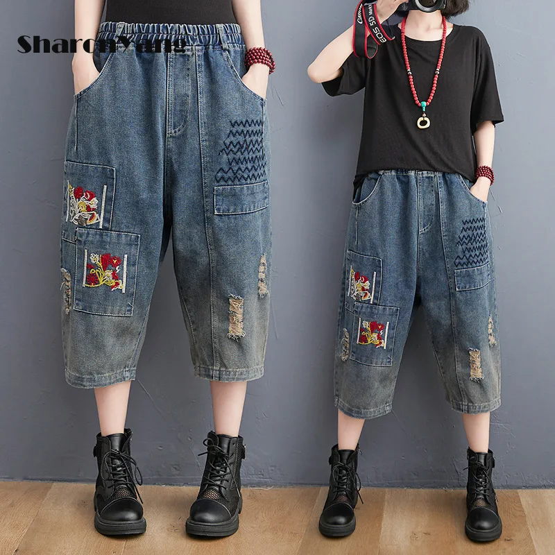 

Summer Calf-length Jeans Woman High Waist Ripped Jeans for Women Vintage Baggy Jeans Large Size Mom Jeans Denim Capri Pants