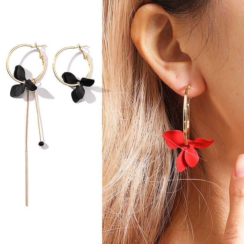 

Elegant Painted Flower Asymmetric Earrings For Women Gold Color Small Hoops Earrings Long Chain Tassel Hanging Earrings Jewelry