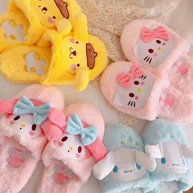 

Sanrios Cinnamoroll My Melody Pompom Purins Hellokittys Cute Cartoon Plush Warm Anti-Slip Home Floor Anti-Slip Cotton Slippers