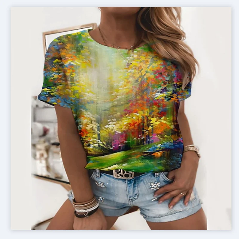 

2022 Summer New Women's Fashion Short-sleeved T-shirt Women's T-shirt Casual T-shirt Green Floral T-shirt 3D Printing T-shirt