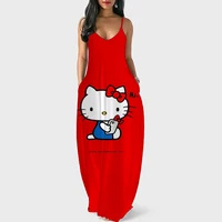 summer 2022 womens dresses sleeveless pleated print dress with sling halter hello kitty print casual boho mini dress