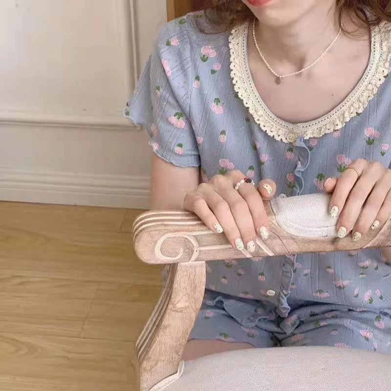 QWEEK Women's Summer Suit Floral Lace Trim Pajamas Korean Fashion Home Clothes Pijamas Sleepwear Cute Pink Yellow Blue Pyjamas