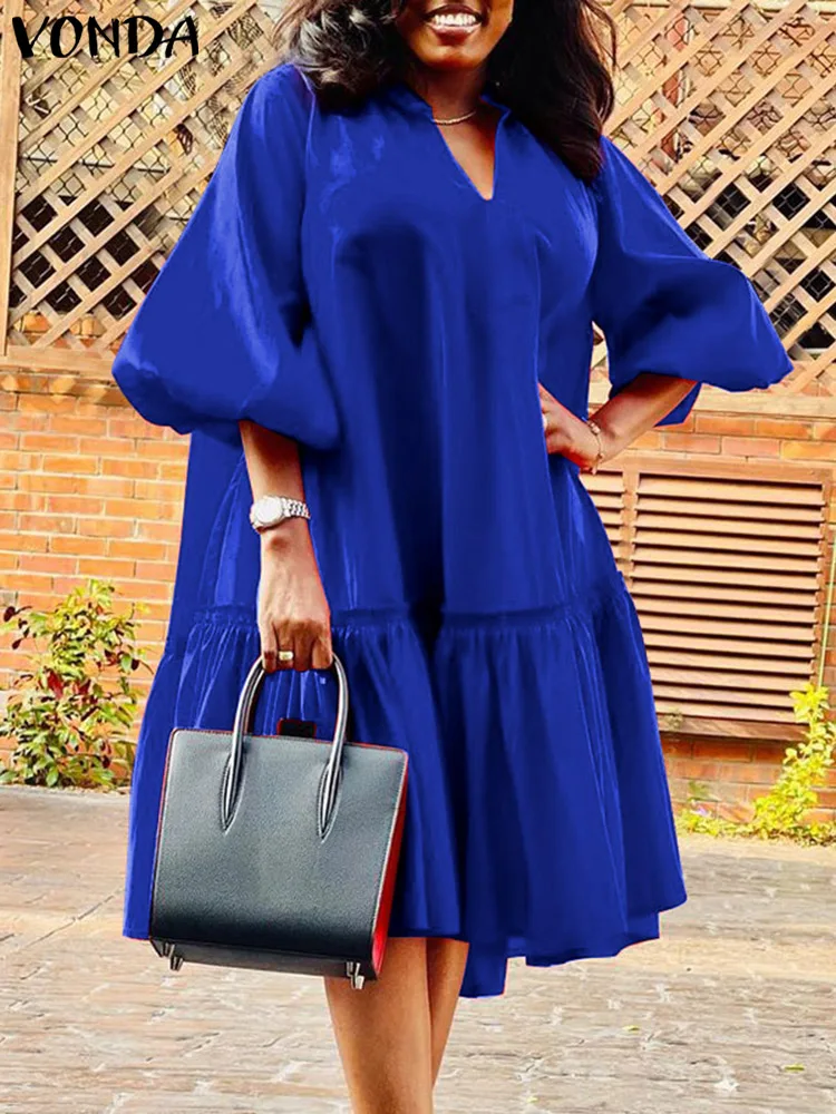 

Летнее женское сексуальное мини-платье VONDA большого размера 5XL 2023 Модное Элегантное однотонное атласное платье с коротким рукавом-фонариком и V-образным вырезом