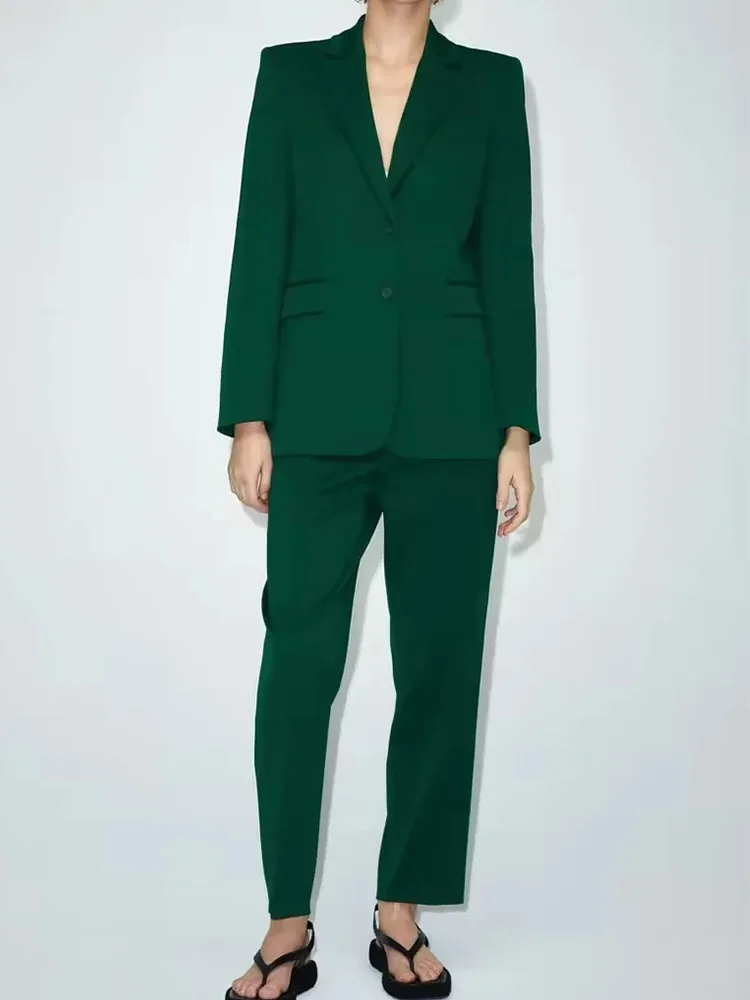 

Traf Women Blazer Pants Sets Green Women Pant Sets ZatraTwo Pieces Single Breasted Formal Suits Business ClassicsTrousers Spring