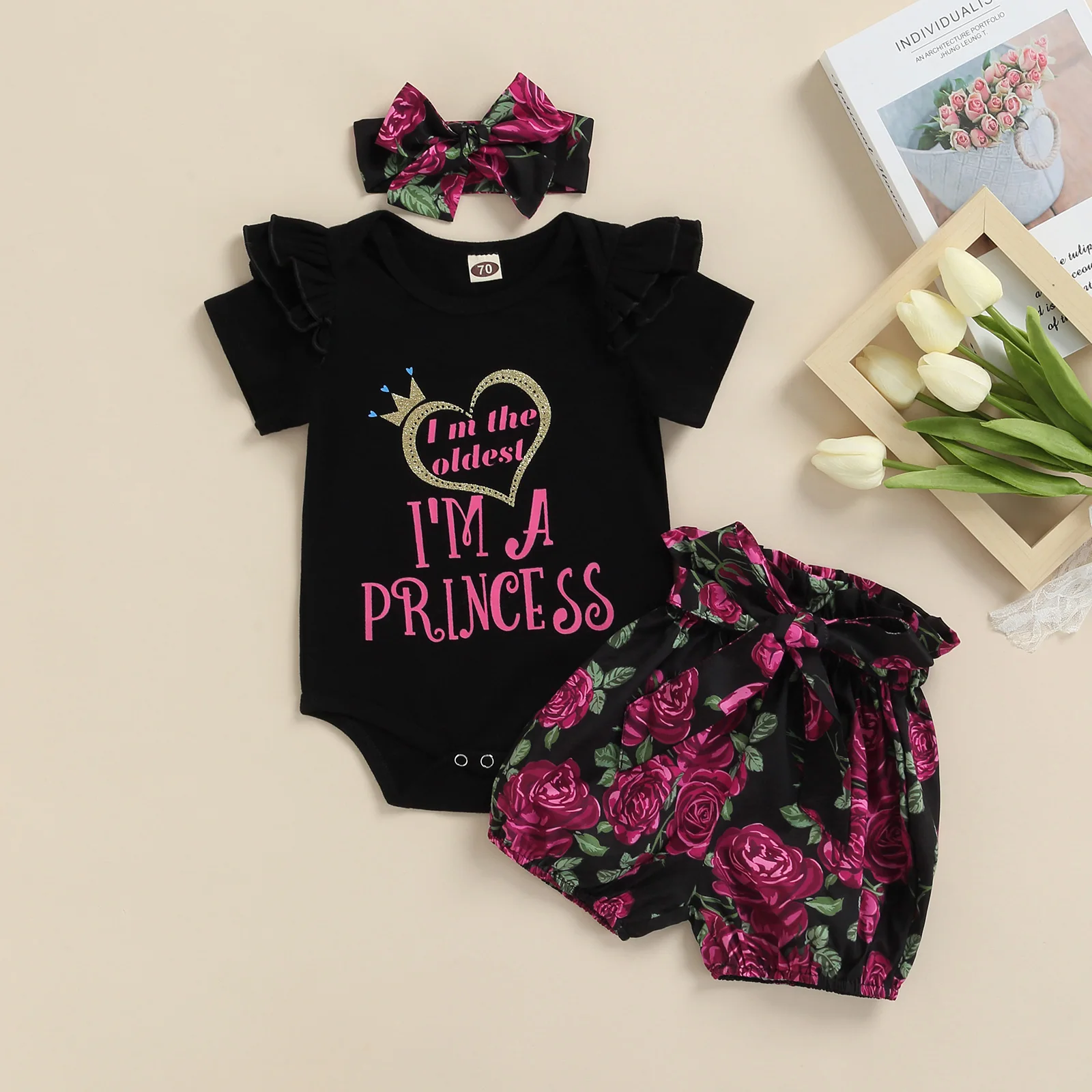 

Newborn Girls Clothes Outfit, Short Sleeve Letter Printed Tops + Floral Printed Shorts + Bowknot Headband