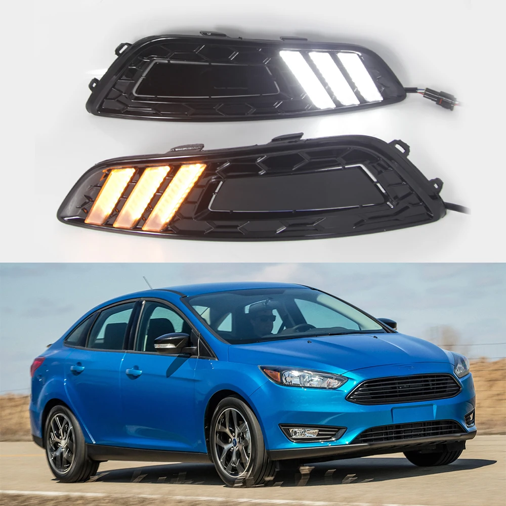 

Светодиодный ные Автомобильные дневные ходовые огни DRL, передний бампер, противотуманные фары в сборе с указателем поворота, аксессуары для Ford Focus 2015 2016