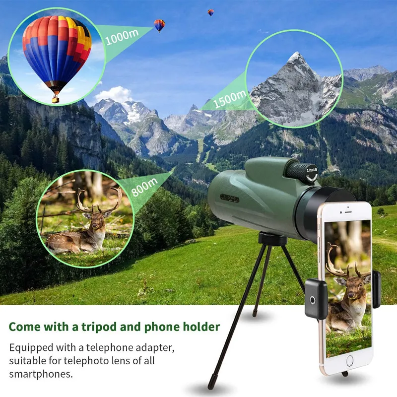 

12X50 Monocular Large Field of View Outdoor Camping Travel Hunting HD FMC Telescope with Tripod MobilePhone Holder Watching Bird