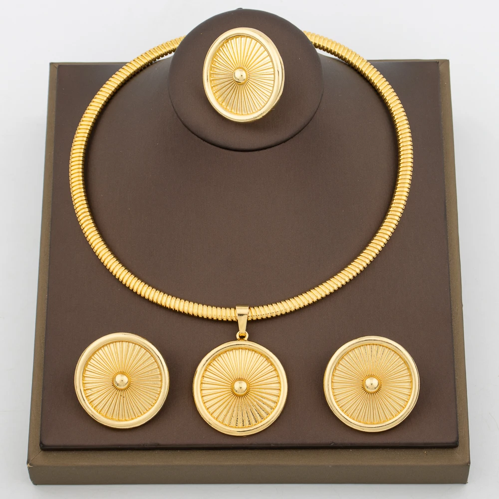 

Brazilian Golden Plated Jewelry Set Round Earrings and Necklace with Ring Daily Party Wear 18k Gold Color Copper Jewelry Set