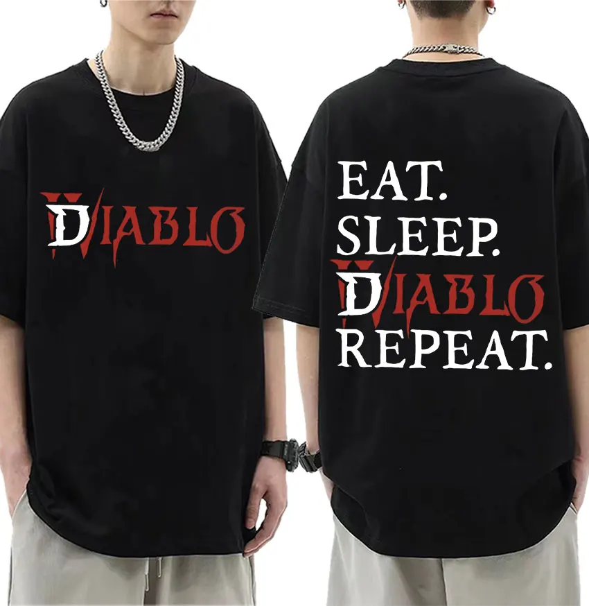 

Hot Anime Diablo 4 2023 new T Shirt Eat Sleep Diablo Repea Print Graphic T-Shirt Men Women 100% Cotton Oversized Tees Streetwear