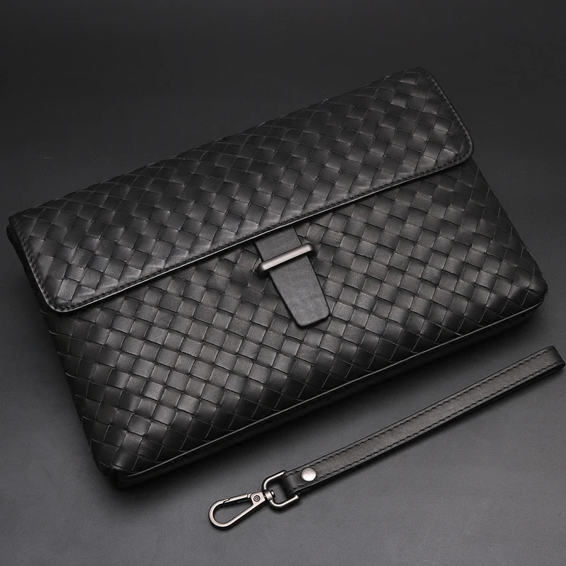 Genuine Leather Men's Business Leisure Woven Large Capacity Light Luxury Clamshell Multi-Functional Envelope Handbag New