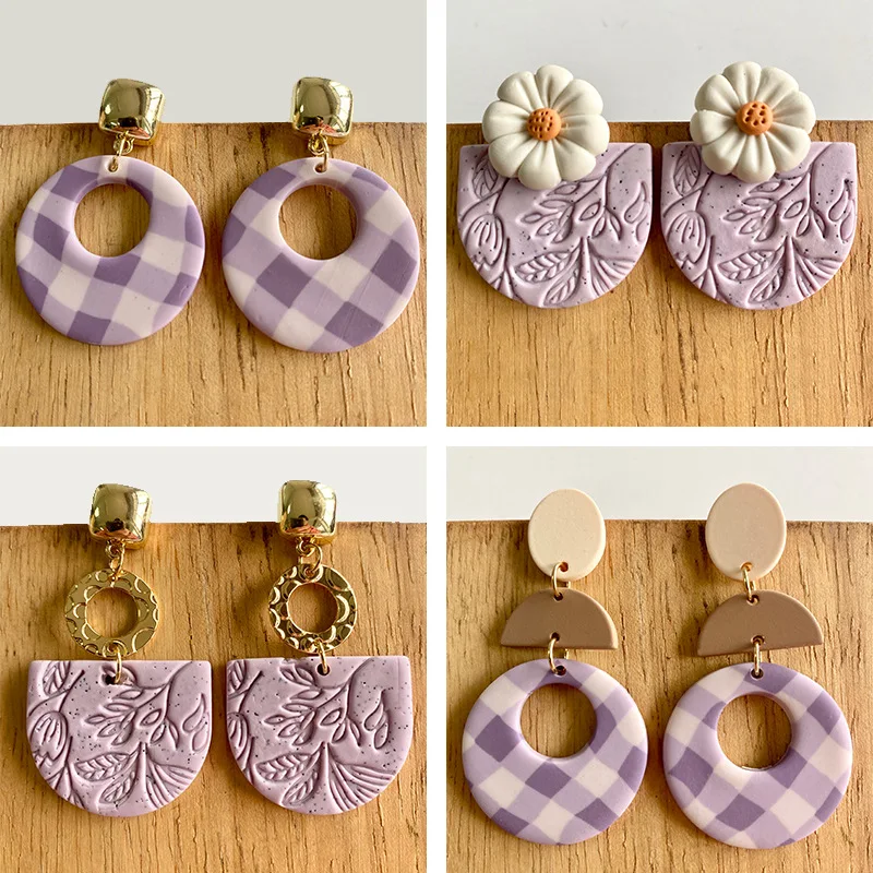 

Geometric Soft Pottery Earrings Purple Ring Stitching Soft Pottery Stud Earrings Ins Fashion Style Pottery Clay Women Earrings