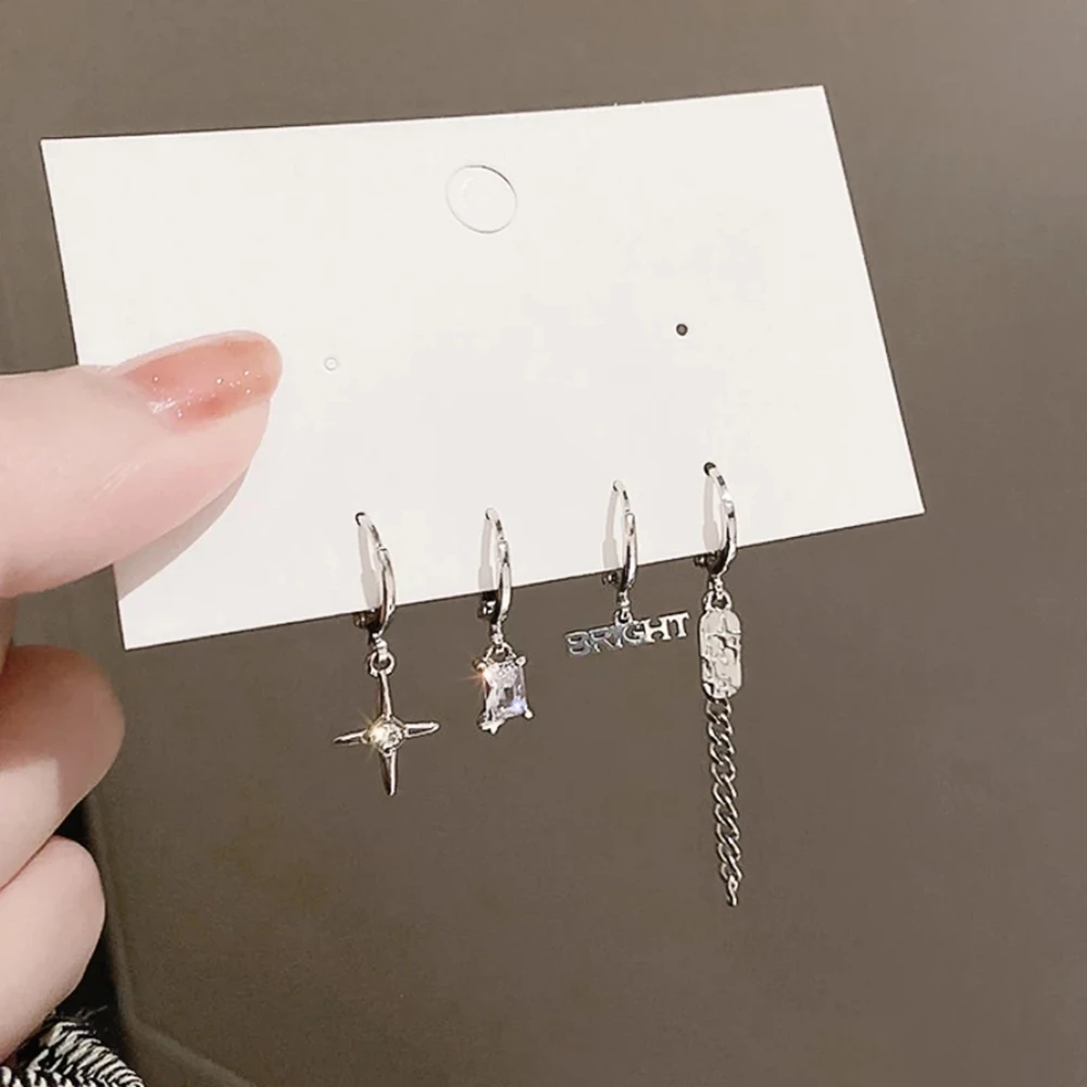 

4 pcs/lot Silver Color Fashion Punk Hiphop Star Pendants Dangle Earrings for Women Personality A Rock concert Earrings