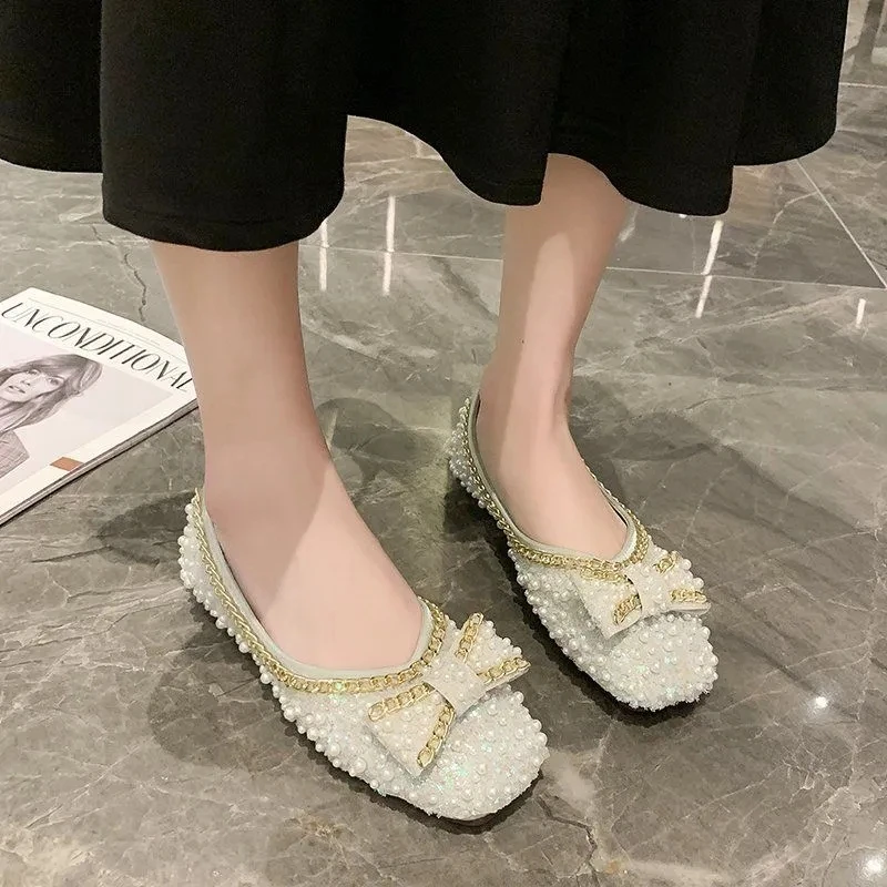 2022 new spring and autumn women's fashion pearl bow party women's shoes comfortable beaded round toe maternity flat shoes
