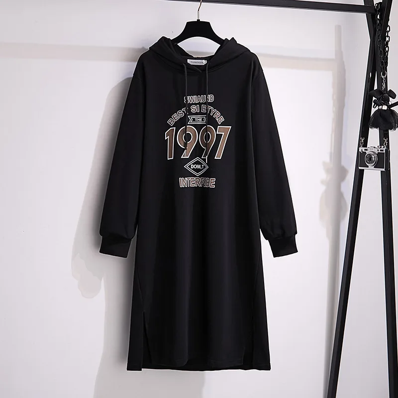 

100/150/175kg Big Size Women Clothing Bust 150/160cm Large Women Loose Hooed Cotton Side Splits Mid-calf Sweater Dresses 6XL 7XL