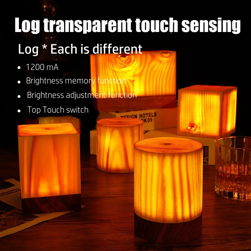 

Touch Rechargeable Cylinder Wood Lamp Solid Wooden Ambient Night Light LED USB Atmosphere Dimmable Decoration Table Lights