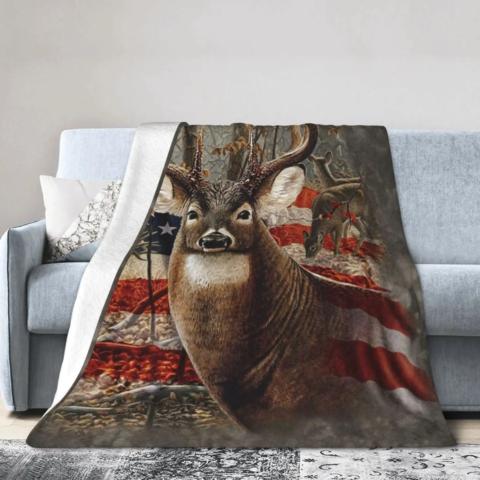 

Hitamus Deer American Flag Elk Spare Blanket Breathable Flannel Winter Super Warm Bed Blanket Travel Bedding