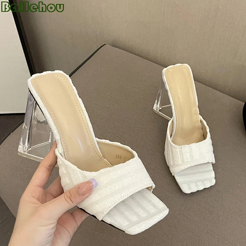 

Туфли-лодочки женские резиновые, повседневные холщовые шлепанцы, открытый носок, Хрустальный высокий каблук, сланцы, 2022