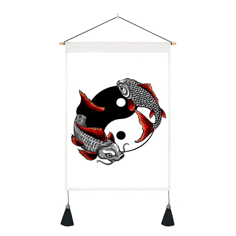 

Chinese Wind Tapestry Tai Chi Fish Auspicious Cloth Art Living Room Teahouse Decorative Painting Mural Corridor Hanging Canvas