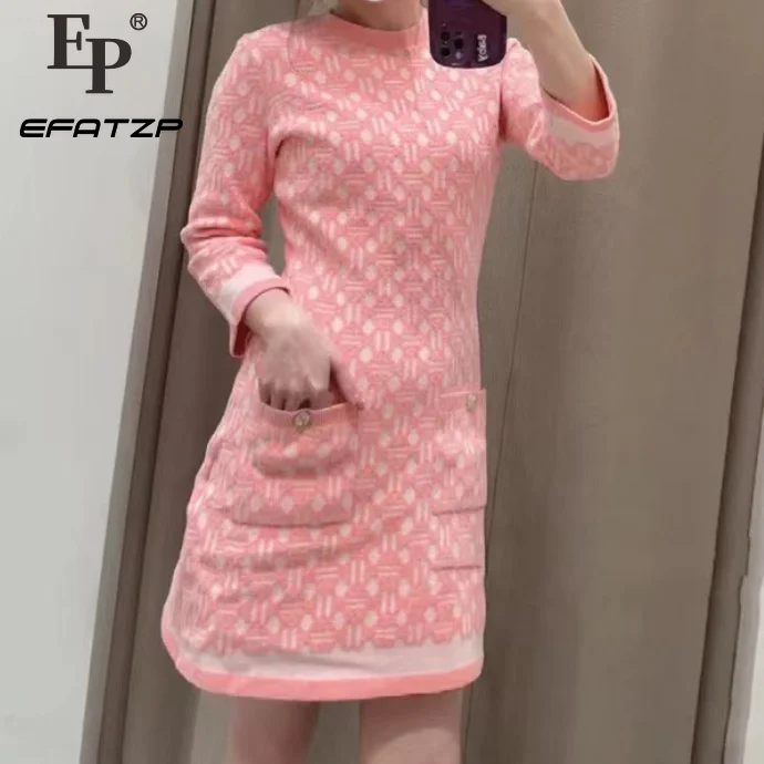 

EFATZP Women's Arly Spring 2023 Dress New Sweet Pink Round Neck Medium Sleeve Jacquard Slim Knitted Casual Dress