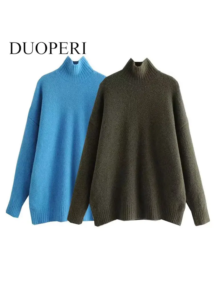 

DUOPERI Women Fashion Solid Knitted Pullover Sweater Vintage High Neck Long Sleeves Female Chic Lady Tops