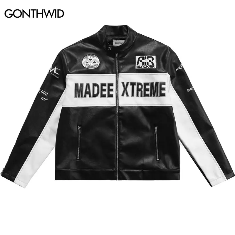 

Hip Hop Leather Jacket Streetwear Y2K Embroidery Letter Motorcycle Punk Rock PU Coat Vintage Casual Color Block Patchwork Jacket