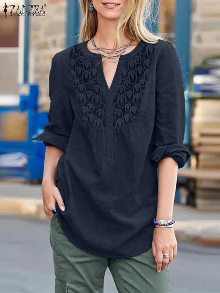 

ZANZEA Vintage Patchwork Tops Spring Women Blouse Long Sleeve Work Shirt Bohemian Tunic Tops Loose Beach Chemise Mujer Femme