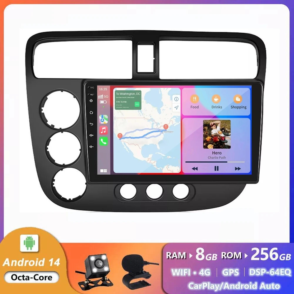 9 дюймов Android 14 0 для Honda Civic 2000-2005 2006 автомобильное радио мультимедийный видеоплеер