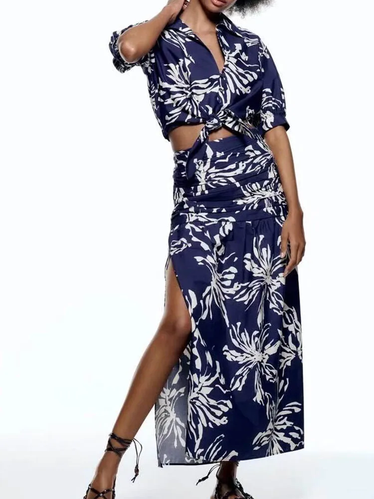 

Kumsvag 2022 Summer Women 2 piece sets Suits Sweet Vintage Print Short Shirts Tops and Skirts Female Elegant Street Suit Clothes