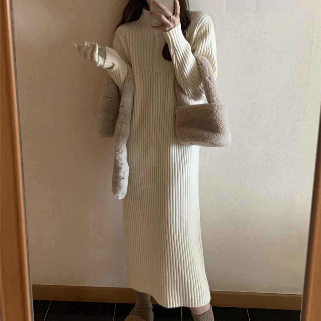 

Autumn and Winter New Korean High Collar Mid length Knitted Dress Women's Fashion Underlay Top Women's dress for women