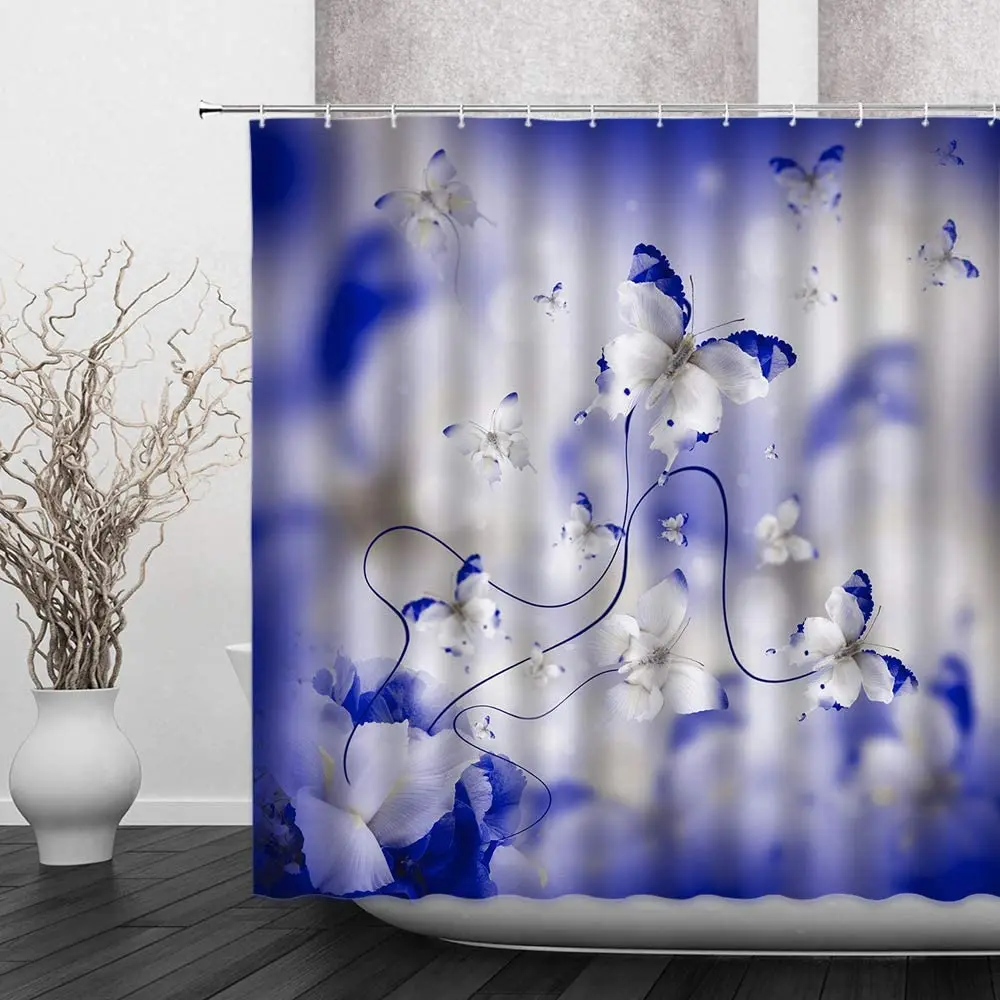 

Butterfly Flower Shower Curtain Dreamy Blue Purple White Irises Floral Monarch Butterfli Flying Bathroom Bath Curtains with Hook