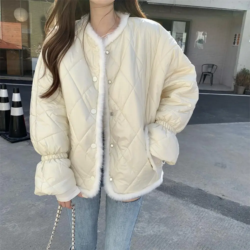 

Fashion Lingge Down Jacket White Women Korean Elegant Casual Hairy Stitching Cotton Coat Female Thickening Warm Winter Jacket