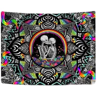 Trippy Skull Kissing Lovers Meditation Skeleton Stars Sun Moon Astrology Tapestry Black And White Wall Hanging For Room Decor