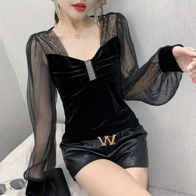 

Women 2022 Spring Autumn Fashion Long Sleeve T-shirt Female Mesh Stitching Blouse Tops Ladies Square Collar Bottoming Shirts B52