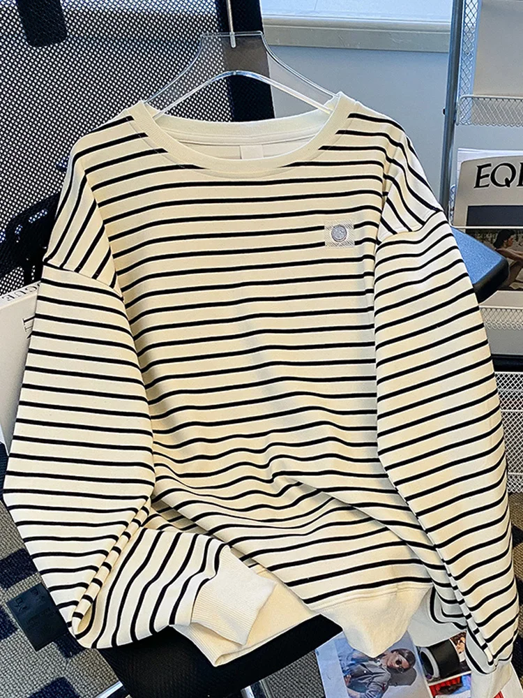 

Корейский Тонкий свитшот, модная Осенняя Толстовка большого размера абрикосового цвета, Женская Толстовка в стиле Харадзюку, Готическая полосатая толстовка, топы с длинным рукавом, y2k одежда