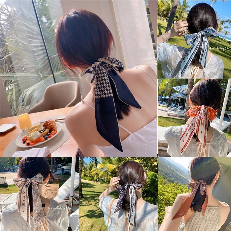 

20021 INS New French Elegant Small Floral Letters Silk Scarf Ribbon Tie Hair Lead Rope Scarf Tied Bag Ribbon