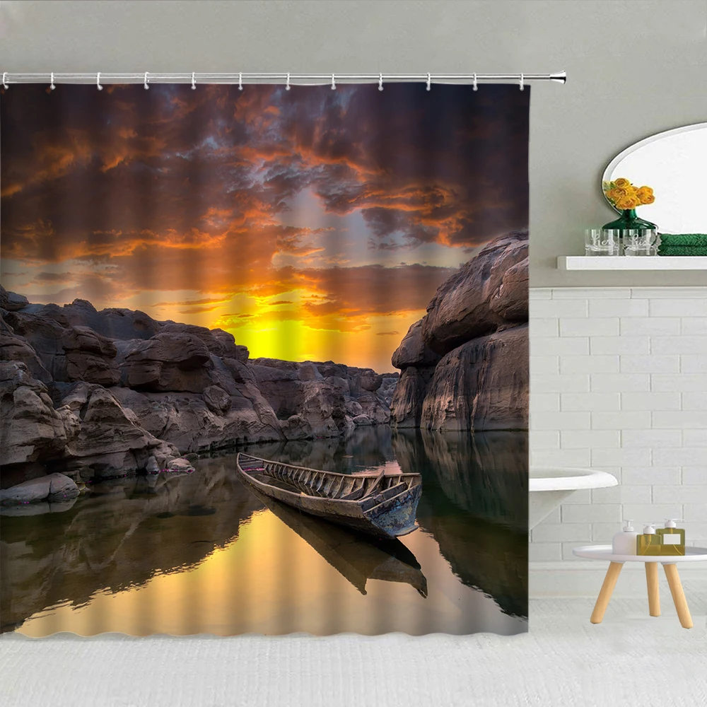 

Seaside City Scenery Shower Curtain Cinque Terre Italy Durable Bath Screen Waterproof Fabric Hooks Curtains Set Bathroom Decor