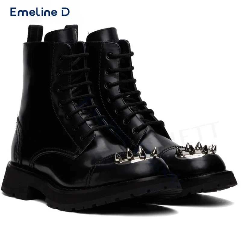 Сапоги на шнуровке с круглым носком черные кожаные повседневные ботинки