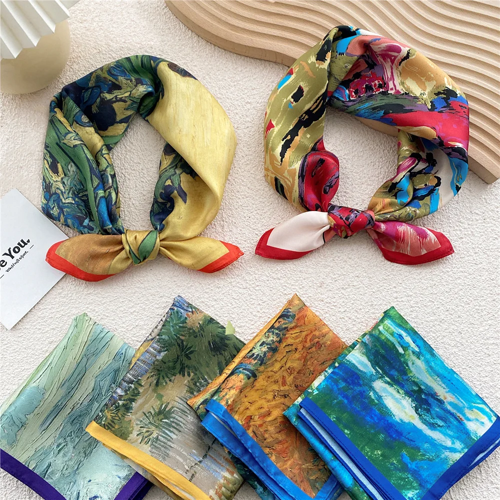

Popular silk Scarf Headband Female Neckerchief Handle Bag Band Bandana Tie oil painting Foulard Scarves Spring Echarpe 2022 New
