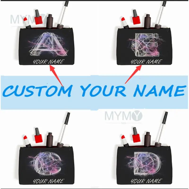 

Letter Custom Name Cosmetic Bags Lightning Effect Aesthetic Women Makeup Pouch Trendy Canvas Toiletry Organizer Bridesmaid Gift