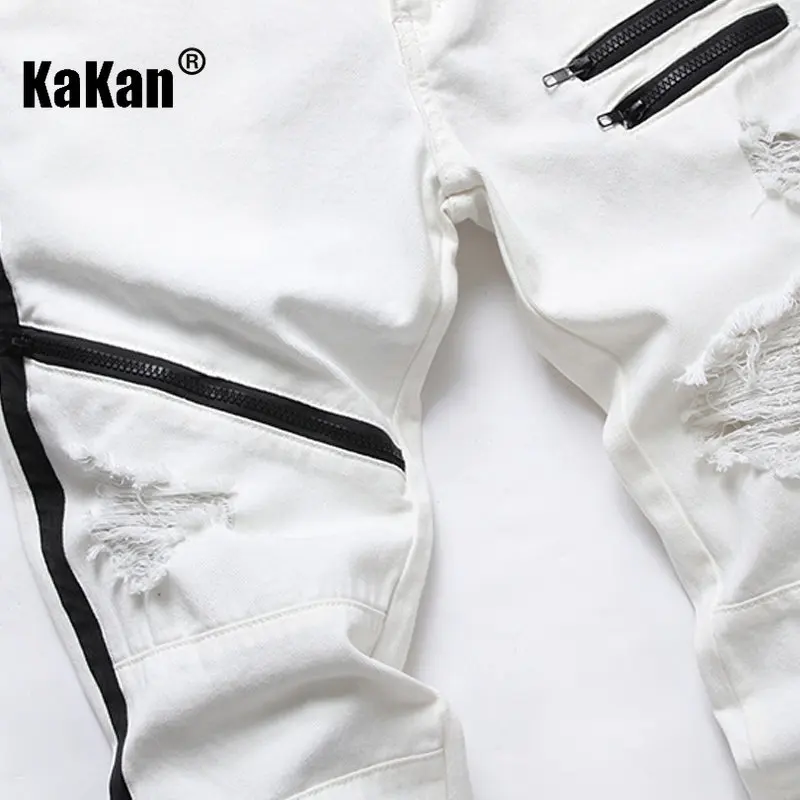 Kakan - European and American New White Red Torn Jeans for Men, Elastic High Street Trend Zipper Straight Length Jeans K36-222