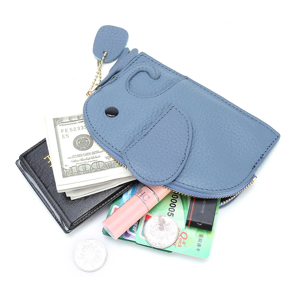 Creative Cute Elephant Women's Small Coin Purse Genuine Leather Retro Card Holder Pocket Mini Short Wallets for Female
