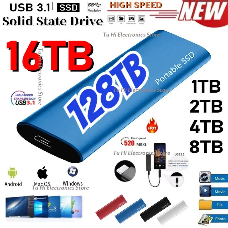 

High Speed Portable SSD 1TB External Solid State Drive USB3.1 Type-C Interface Hard Drive Mass Storage Disk for Laptop/Mac/Phone