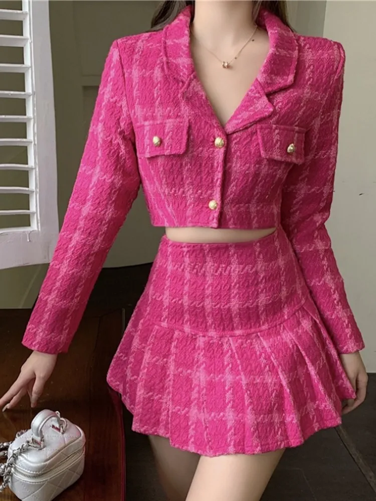 

2023 Autumn Small Fragrance Vintage Plaid Tweed Two Piece Set Women Crop Top Woolen Short Jacket Coat + Mini Skirts Sets