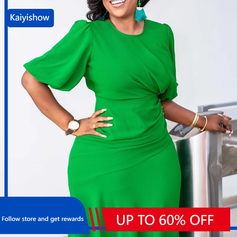 Платье женское в африканском стиле, офисное Плиссированное элегантное однотонное платье в африканском стиле с круглым вырезом и рукавами-фонариками, длинное платье с завышенной талией