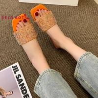 matching color square head flat bottom rhinestone flip flop slippers for women wear large size beach slippers fashion shoes home