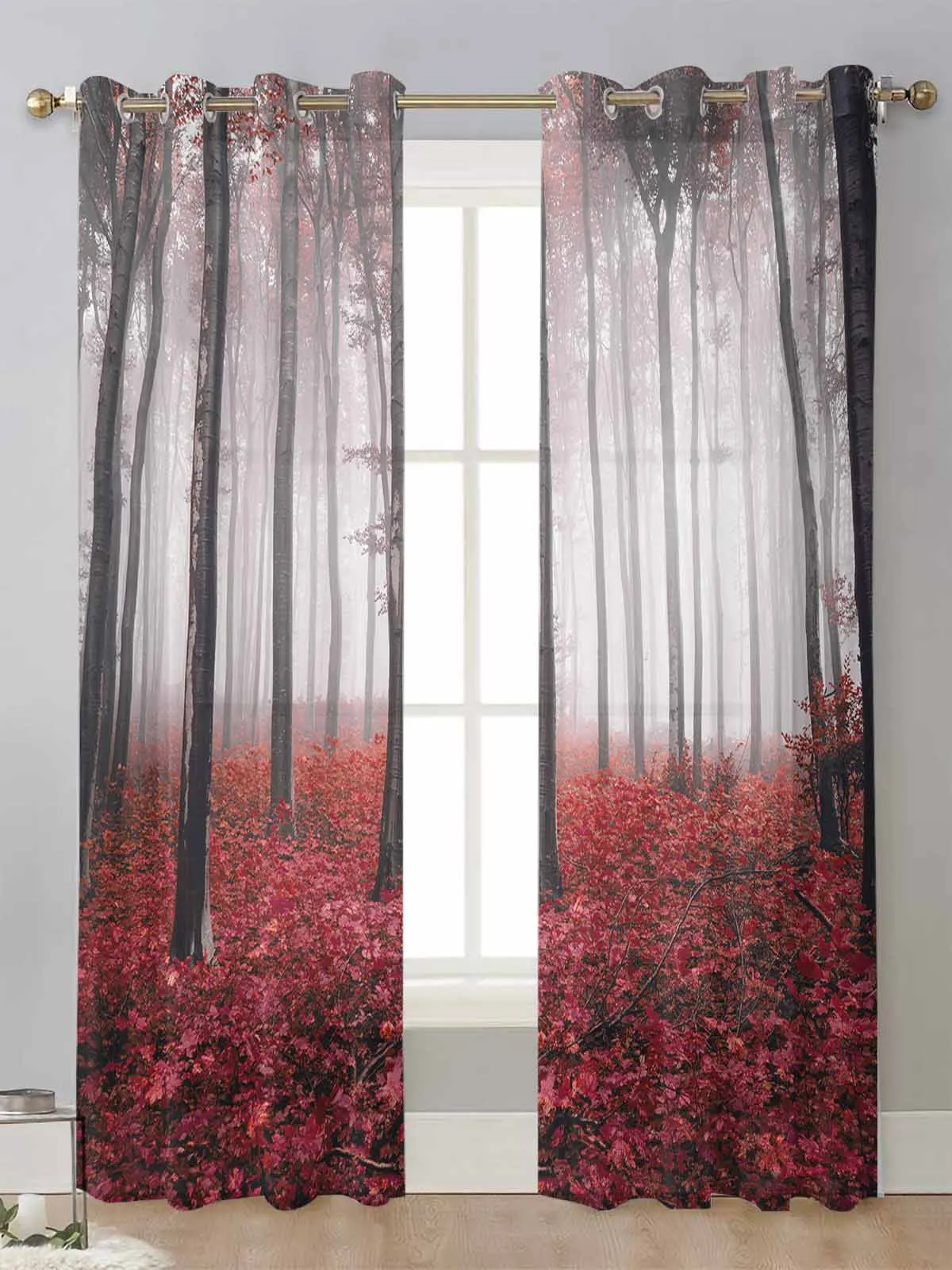 

Autumn Forest Maple Leaves Red Sheer Curtains For Living Room Window Transparent Voile Tulle Curtain Cortinas Drapes Home Decor