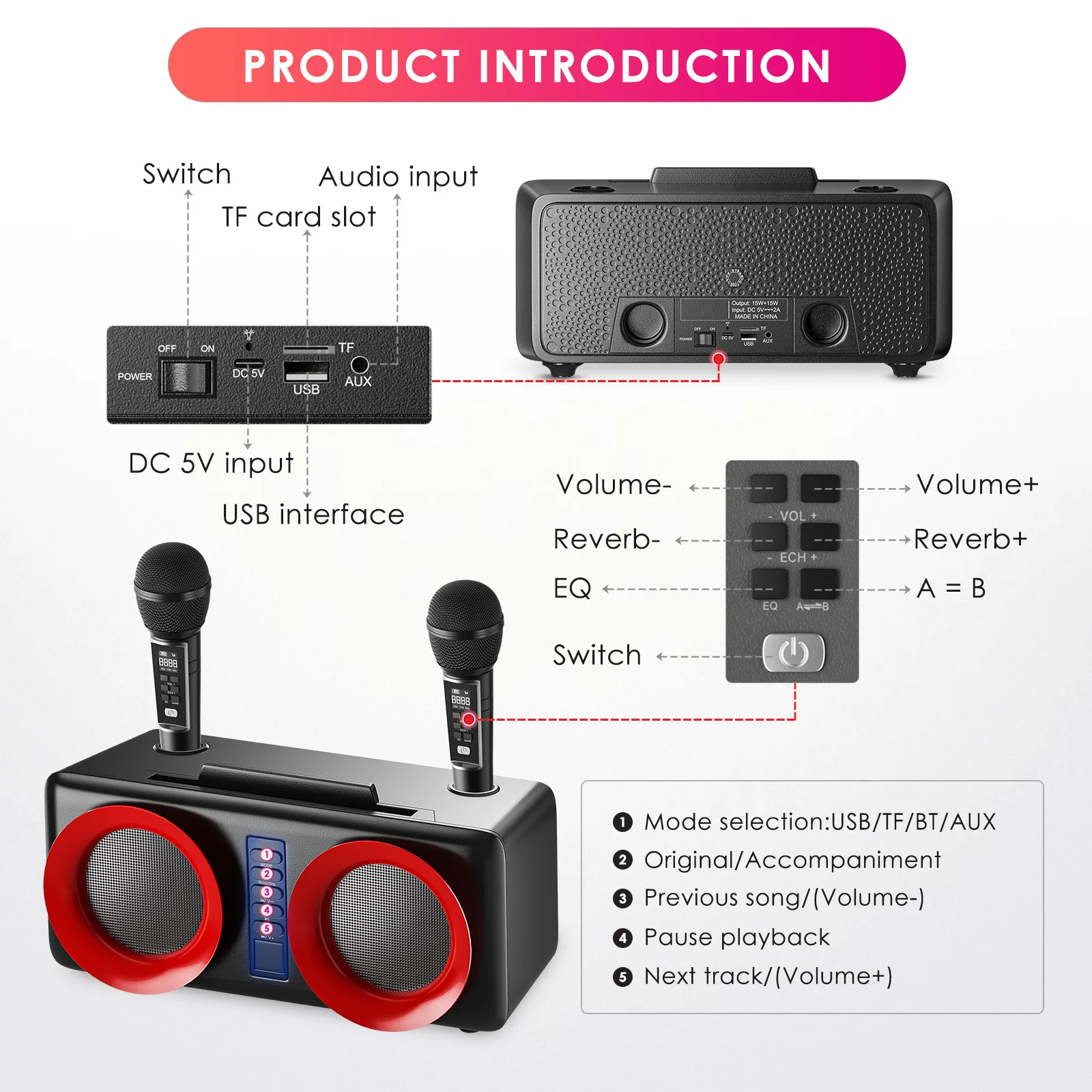Portable Karaoke Machine System Rechargeable Bluetooth Speaker 2 Wireless Microphone For Home Party Wedding 3.2KG 15W Speaker