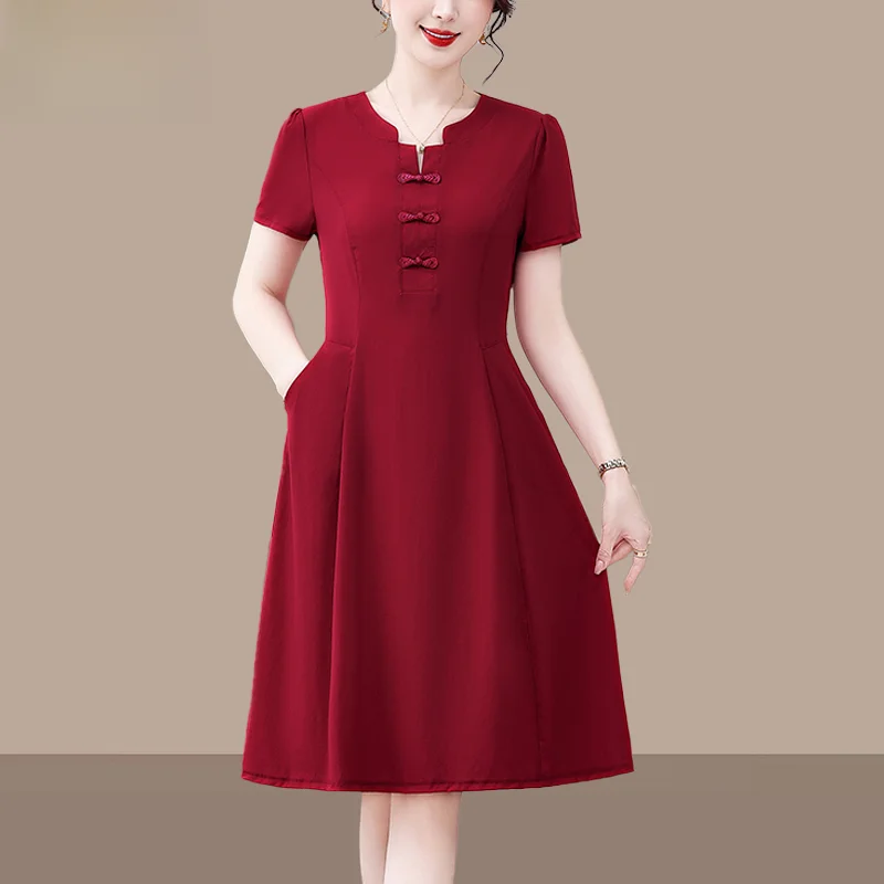 Модное платье для женщин среднего возраста Новинка Летнее с коротким рукавом