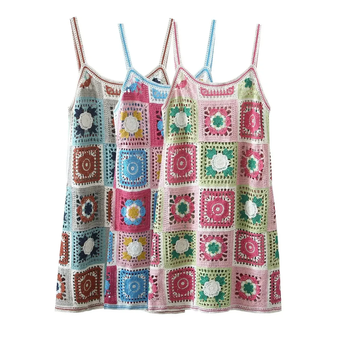 

Withered 2022 Indie Folk Bohemian Style Hand Crochet Knitted Colorful Strapless Sexy Mini Suspender Dress Women